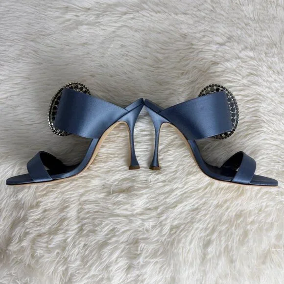 Manolo Blahnik Blue Satin Fibiona Mules Heels Swarovski Rhinestone Sandals - Picture 4 of 6